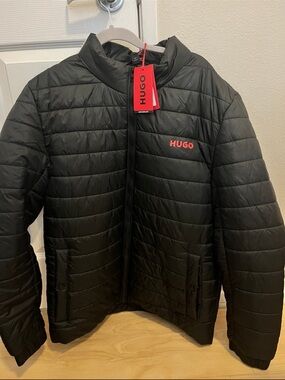 HUGO Black Quilted Puffer Jacket with Red Logo Tag